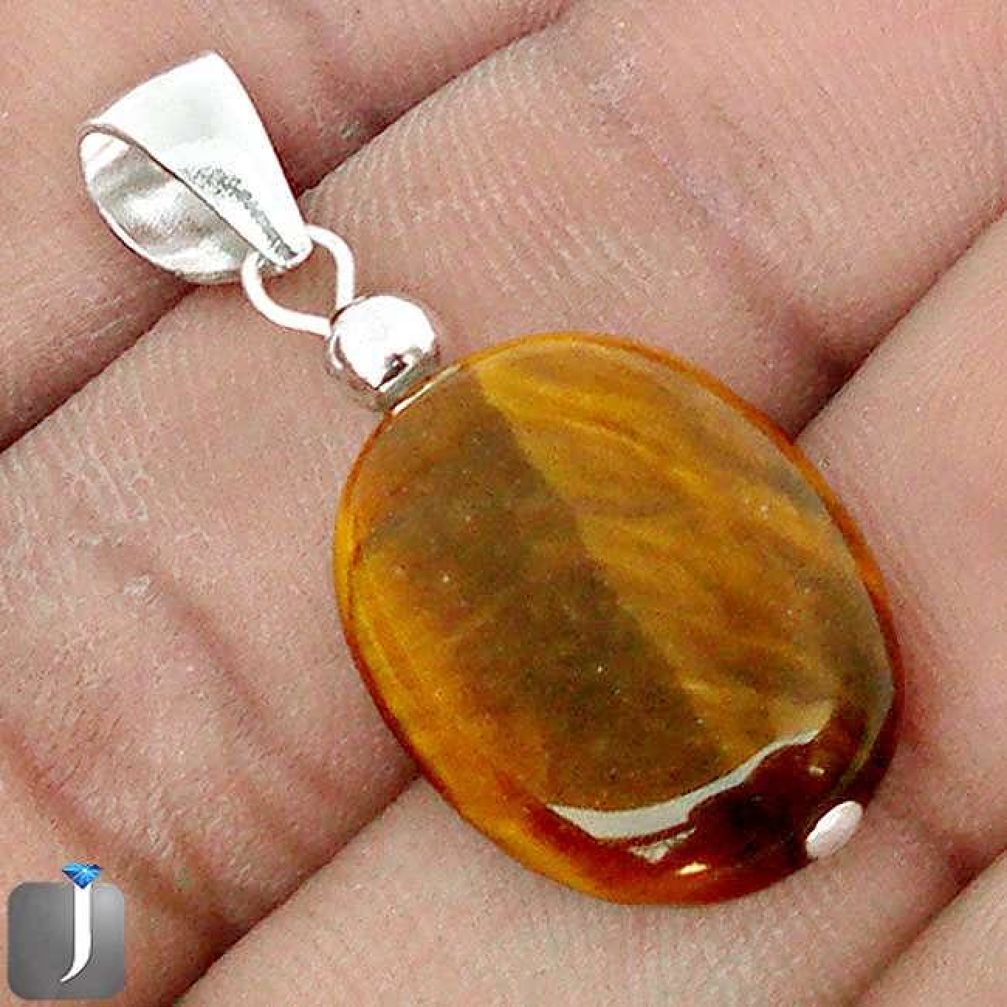 14.42cts NATURAL BROWN TIGERS EYE 925 STERLING SILVER PENDANT JEWELRY G78266