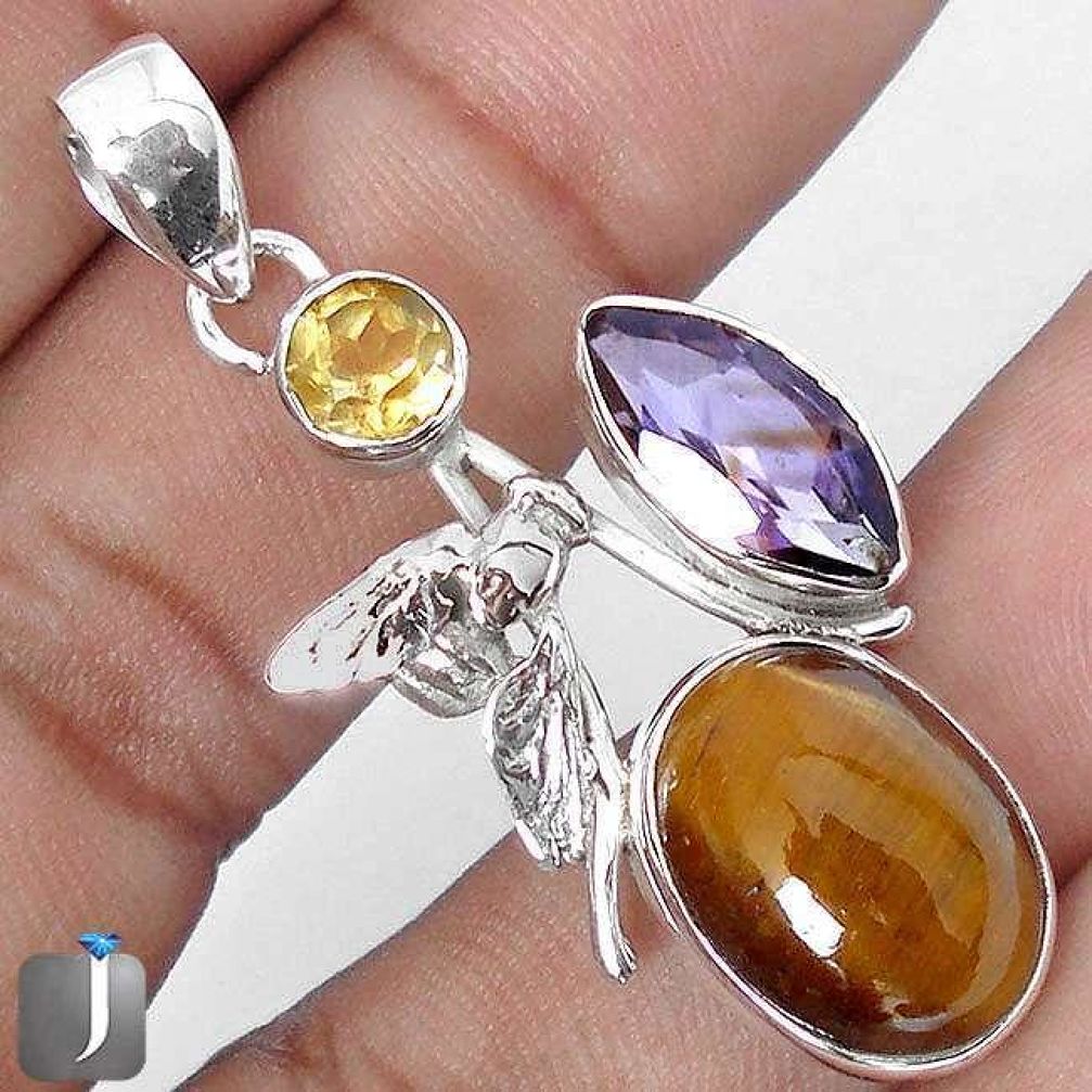 15.80cts NATURAL BROWN TIGERS EYE AMETHYST 925 SILVER HONEY BEE PENDANT G64088