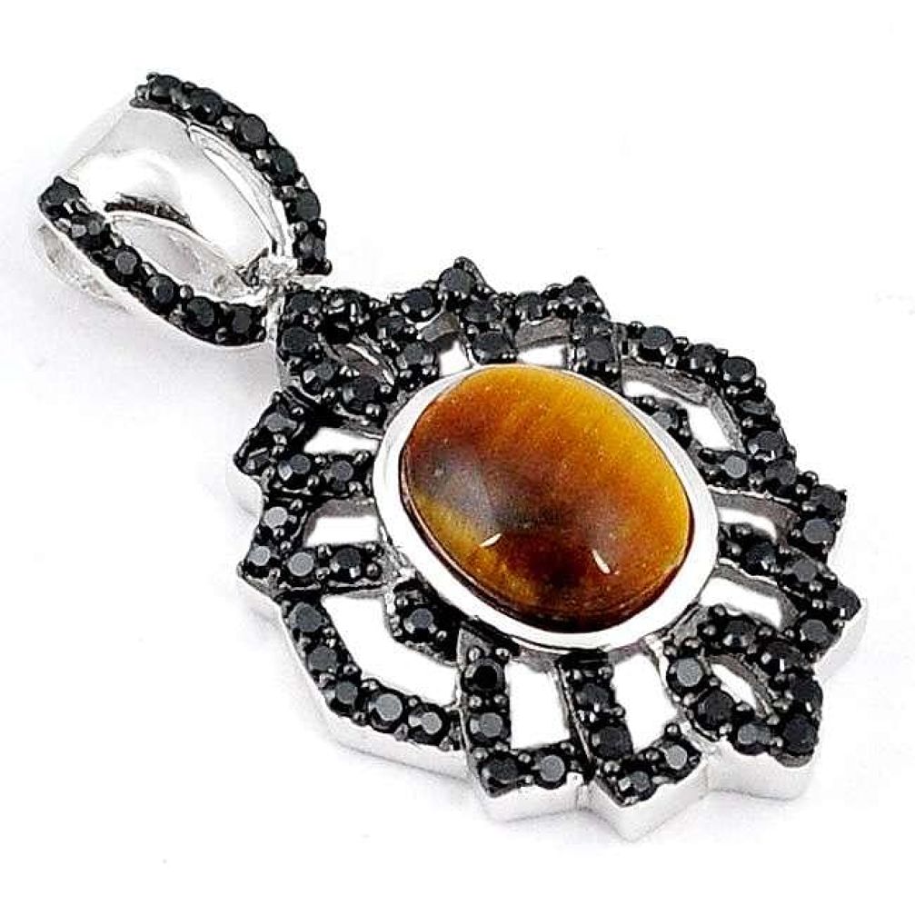 NATURAL BROWN TIGERS EYE BLACK TOPAZ 925 STERLING SILVER PENDANT JEWELRY H18814