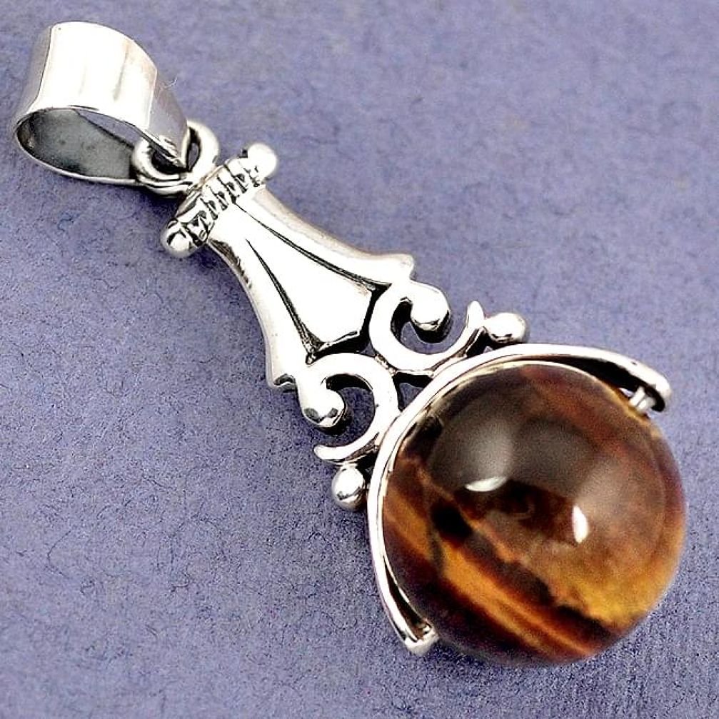 NATURAL BROWN TIGERS EYE ROUND 925 STERLING SILVER PENDANT JEWELRY H6089