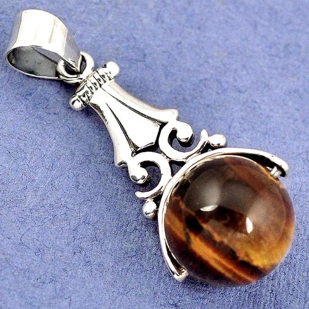 NATURAL BROWN TIGERS EYE ROUND BALL 925 STERLING SILVER PENDANT JEWELRY H30342