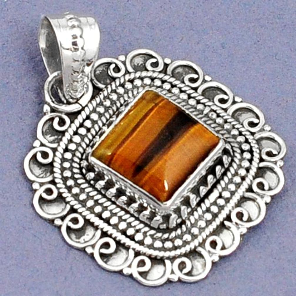 NATURAL BROWN TIGERS EYE SQUARE SHAPE 925 STERLING SILVER PENDANT JEWELRY G94814
