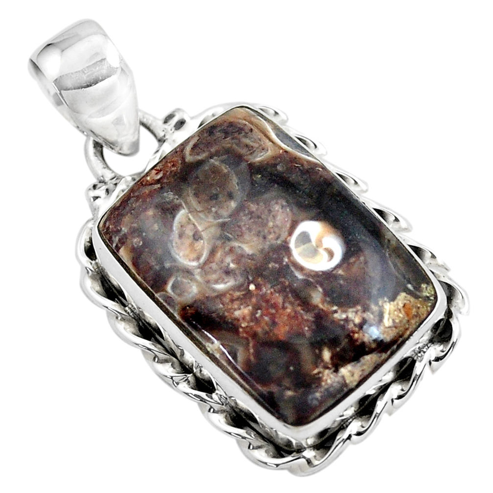 14.06cts natural brown turritella fossil snail agate 925 silver pendant p41198