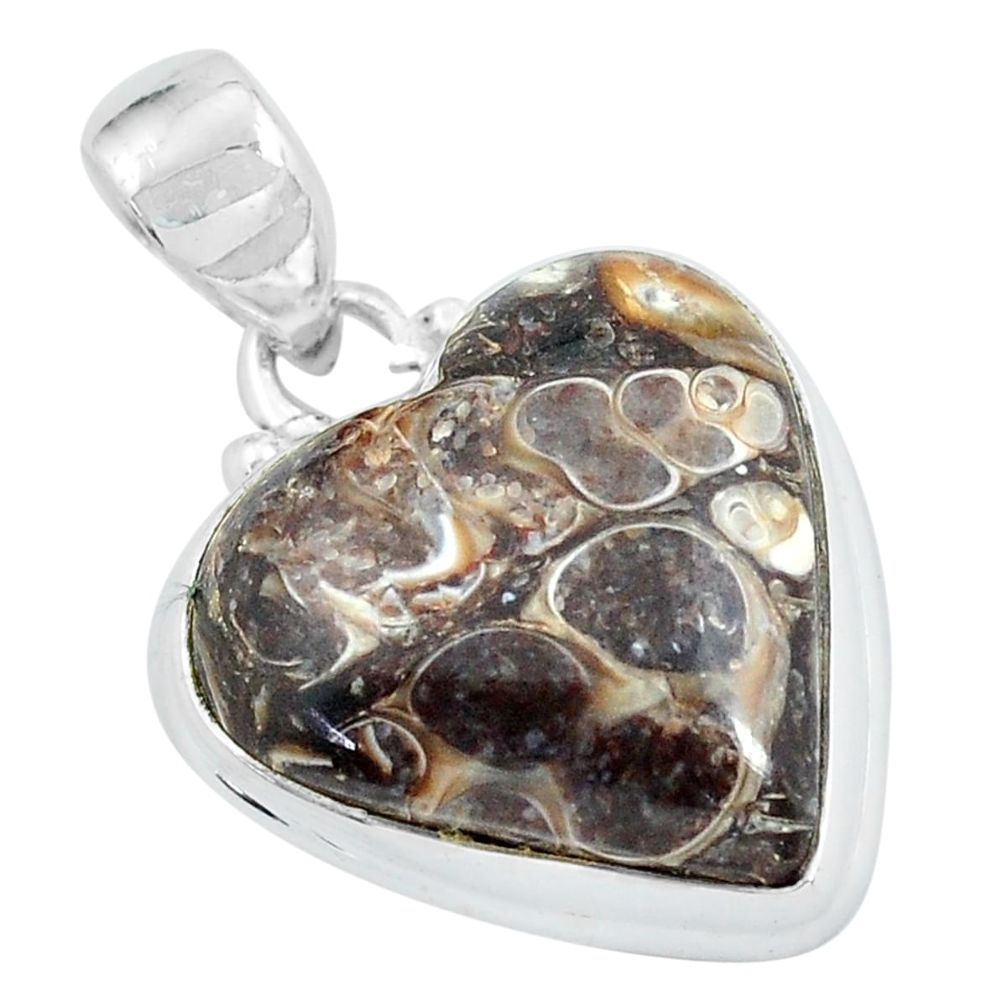 15.05cts natural brown turritella fossil snail agate silver heart pendant p59598