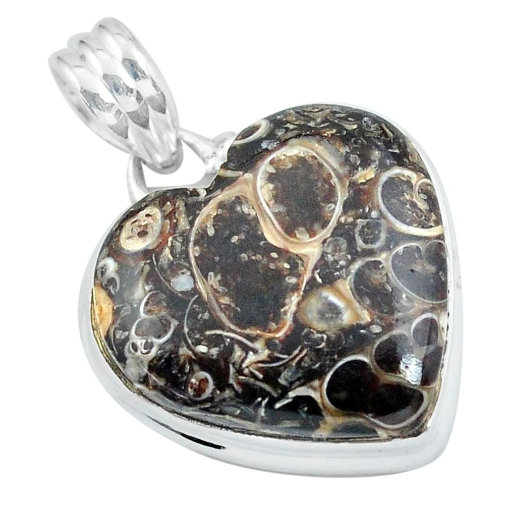 17.22cts natural brown turritella fossil snail agate silver heart pendant p59599