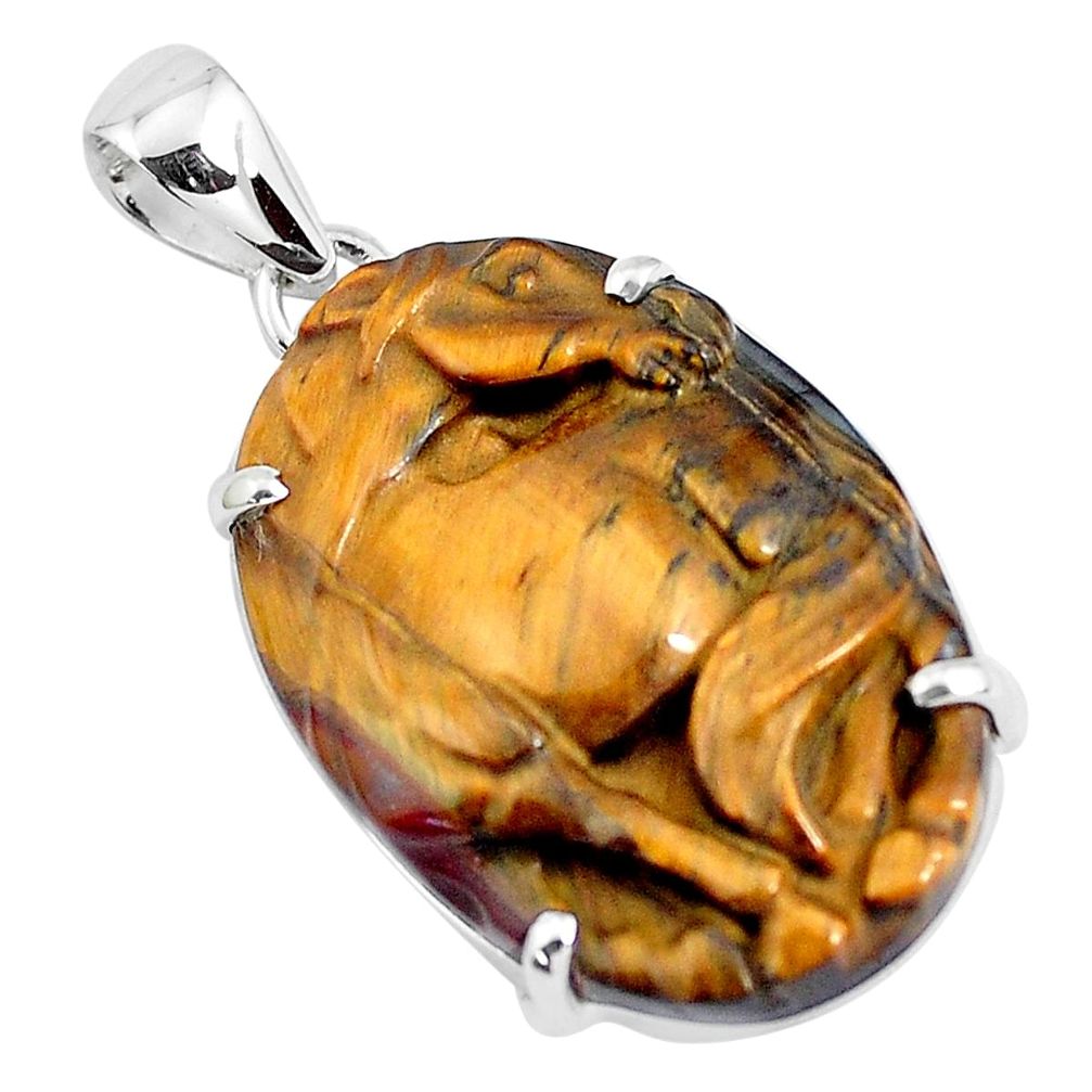 27.49cts natural carving tiger's eye 925 sterling silver horse pendant p47073