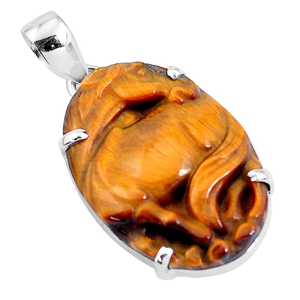 22.88cts natural carving tiger's eye 925 sterling silver horse pendant p47074