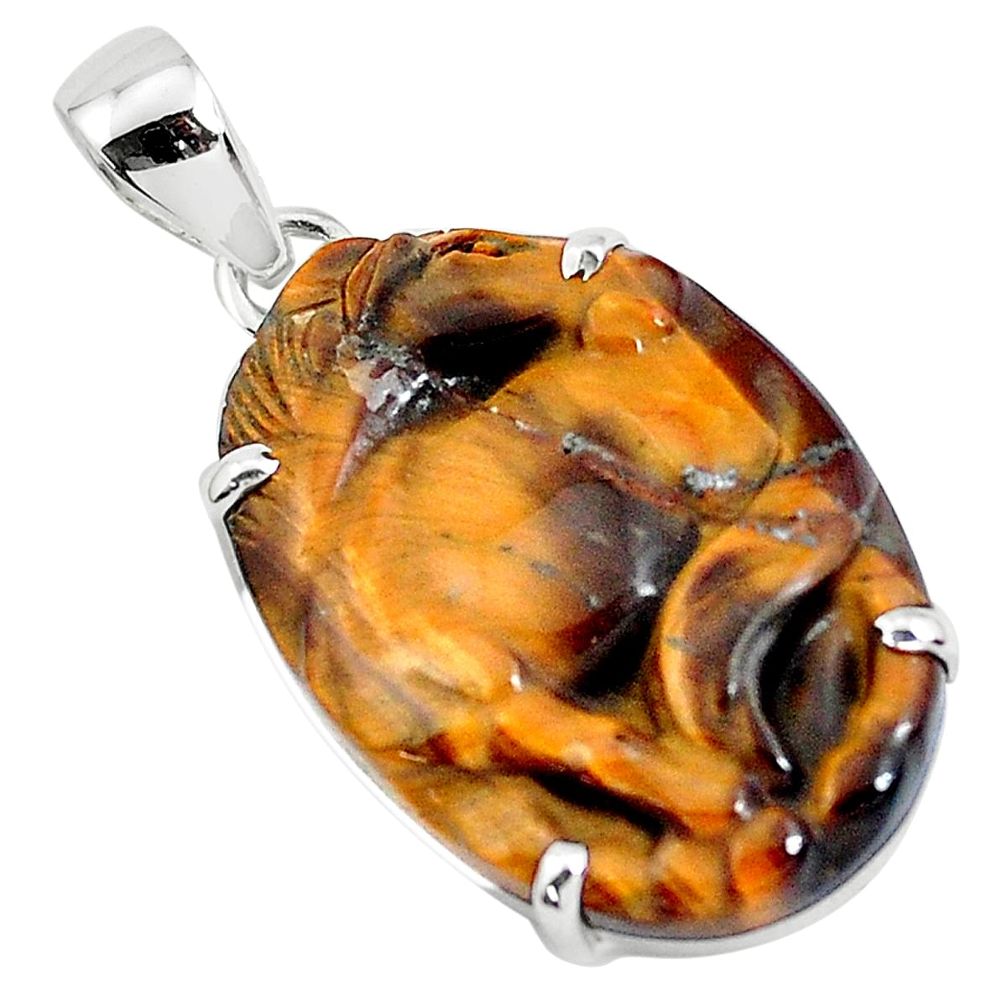 24.56cts natural carving tiger's eye 925 sterling silver horse pendant p47075