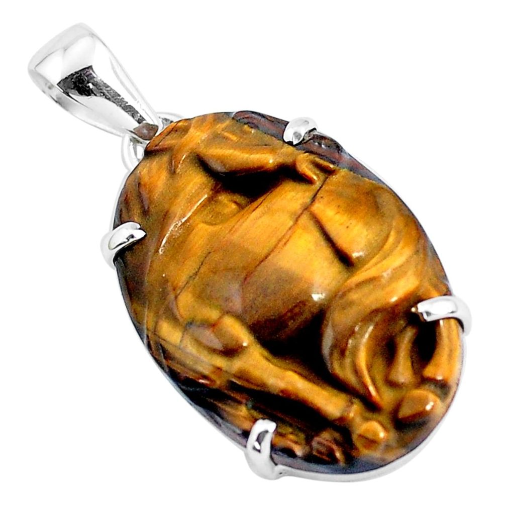 23.29cts natural carving tiger's eye 925 sterling silver horse pendant p47077