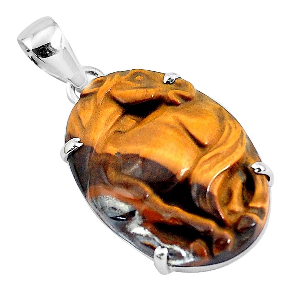 22.88cts natural carving tiger's eye 925 sterling silver horse pendant p47078