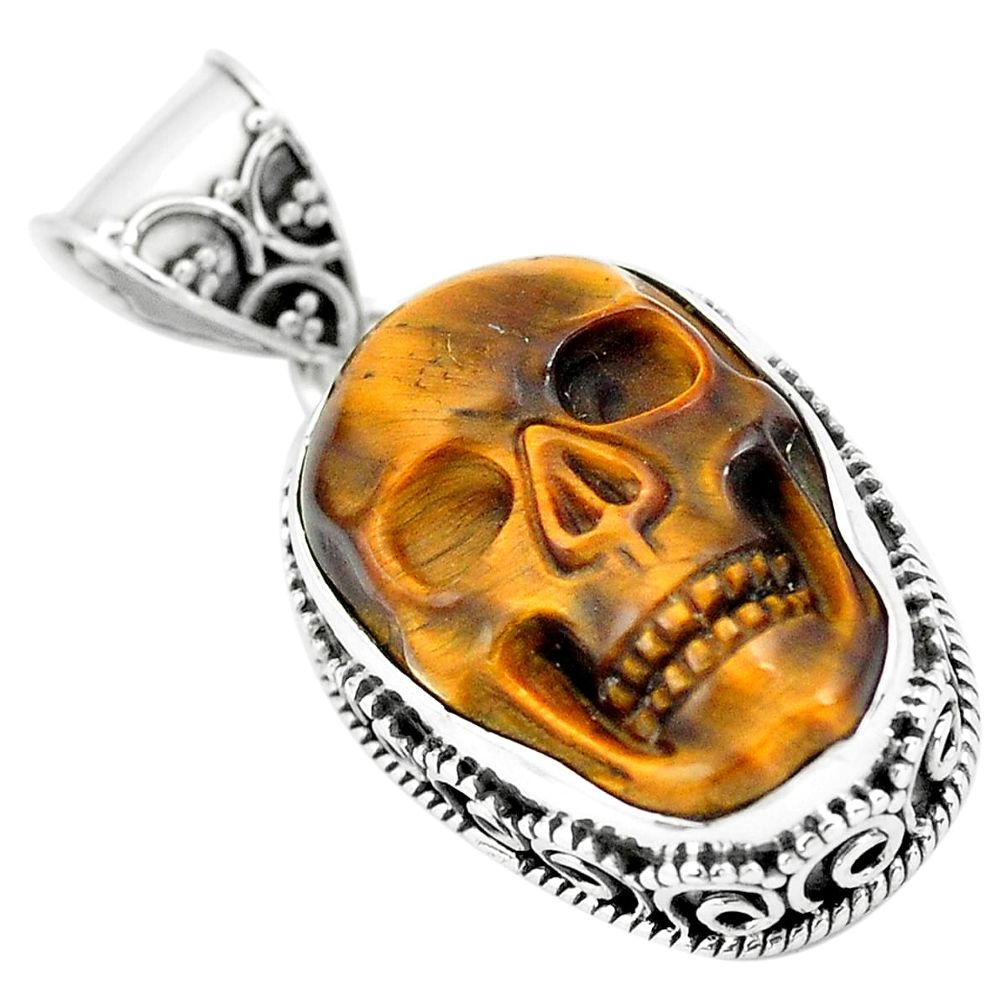 15.35cts natural carving tiger's eye 925 sterling silver skull pendant p77338