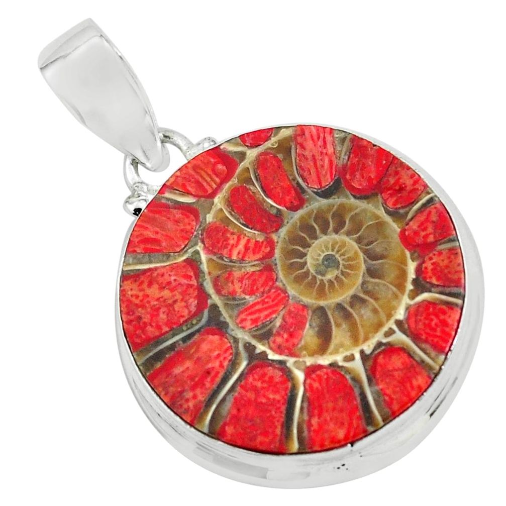 25.00cts natural coral in ammonite 925 sterling silver pendant jewelry p69428