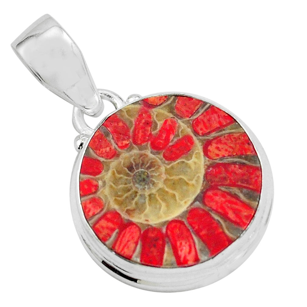 15.05cts natural coral in ammonite 925 sterling silver pendant jewelry p69434