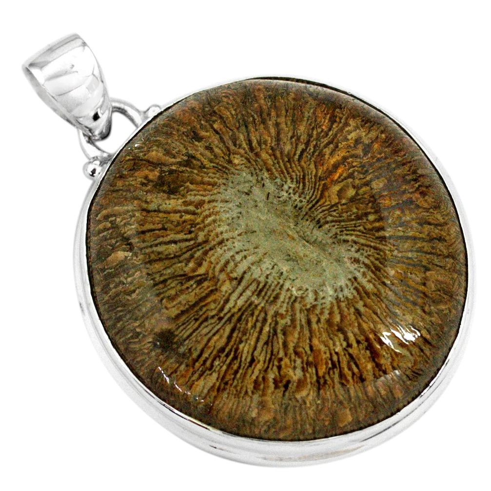 37.74cts natural cyclolite coral fossil 925 sterling silver pendant p79585