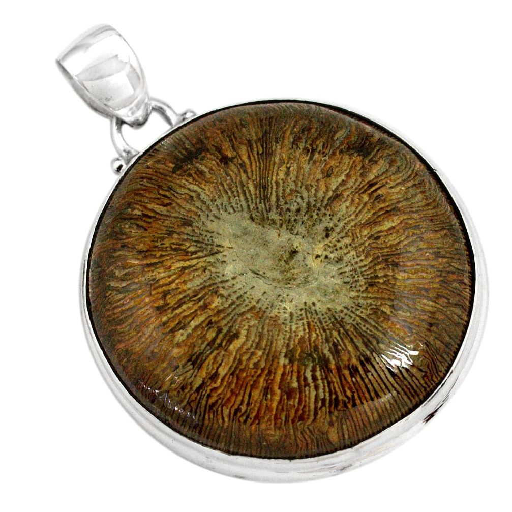 42.08cts natural cyclolite coral fossil 925 sterling silver pendant p79586