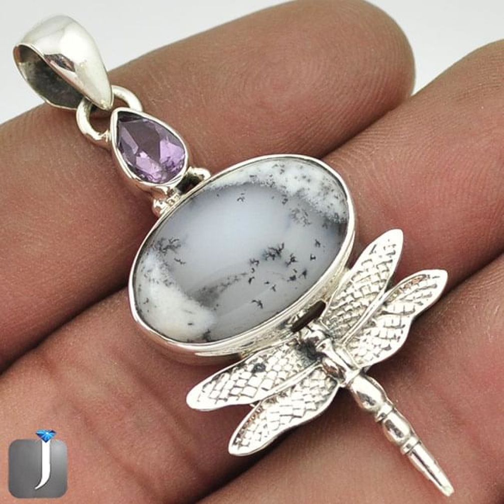 NATURAL DENDRITE OPAL (MERLINITE) AMETHYST 925 SILVER DRAGONFLY PENDANT G27837