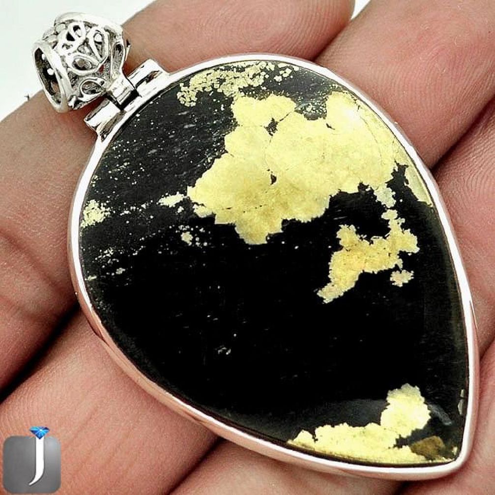 55.67cts NATURAL GOLDEN BLACK PYRITE 925 STERLING SILVER PENDANT JEWELRY F4005