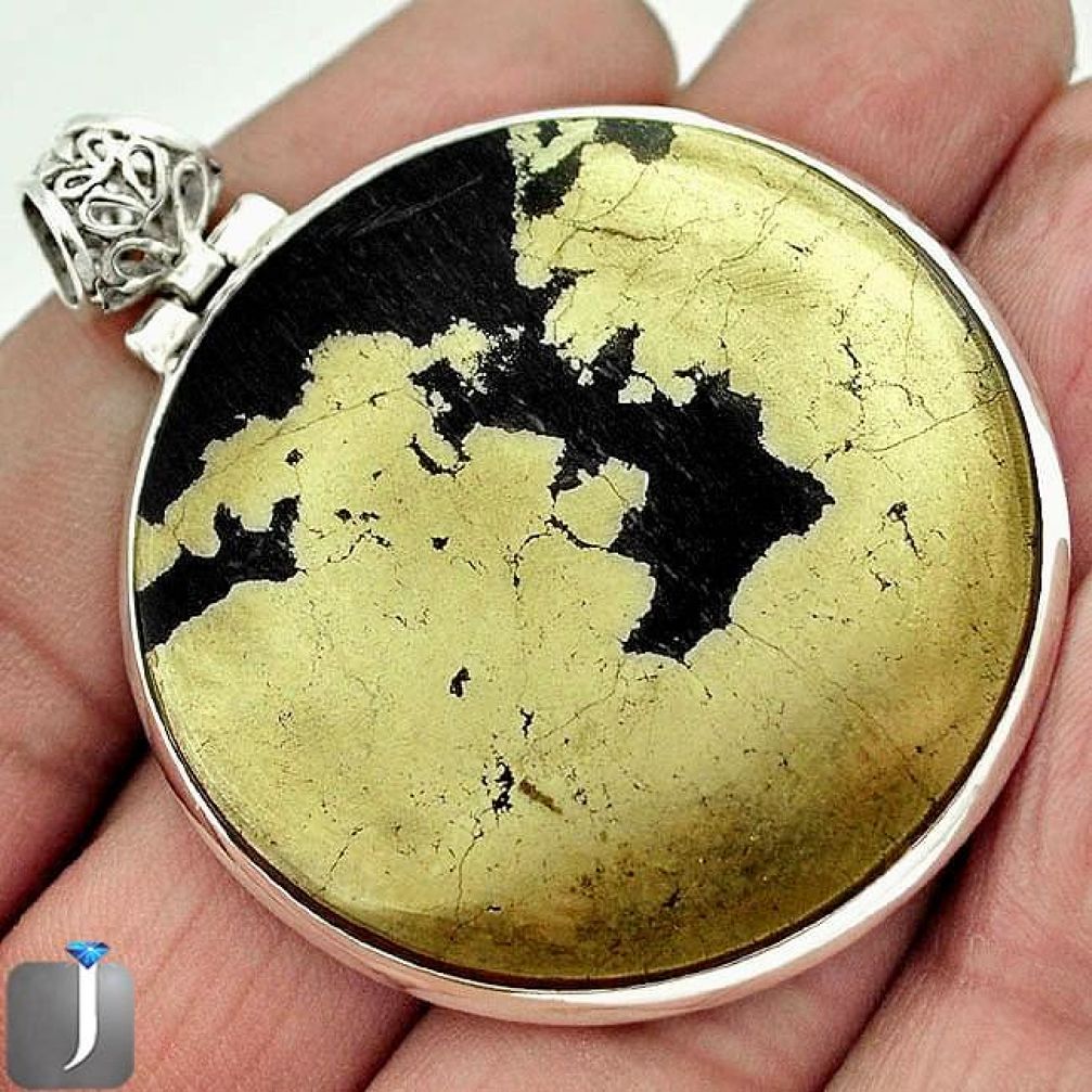80.87cts NATURAL GOLDEN BLACK PYRITE 925 STERLING SILVER PENDANT JEWELRY F4017