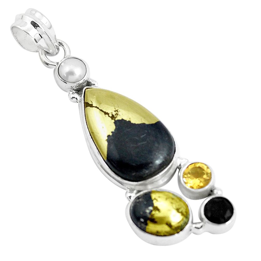 Natural golden pyrite in magnetite (healer's gold) 925 silver pendant d31153