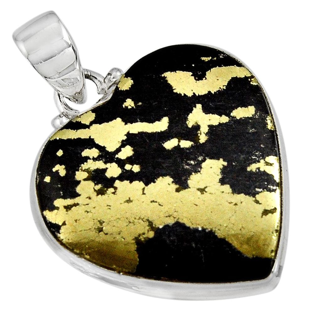 24.89cts natural golden pyrite in magnetite 925 silver heart pendant d32523