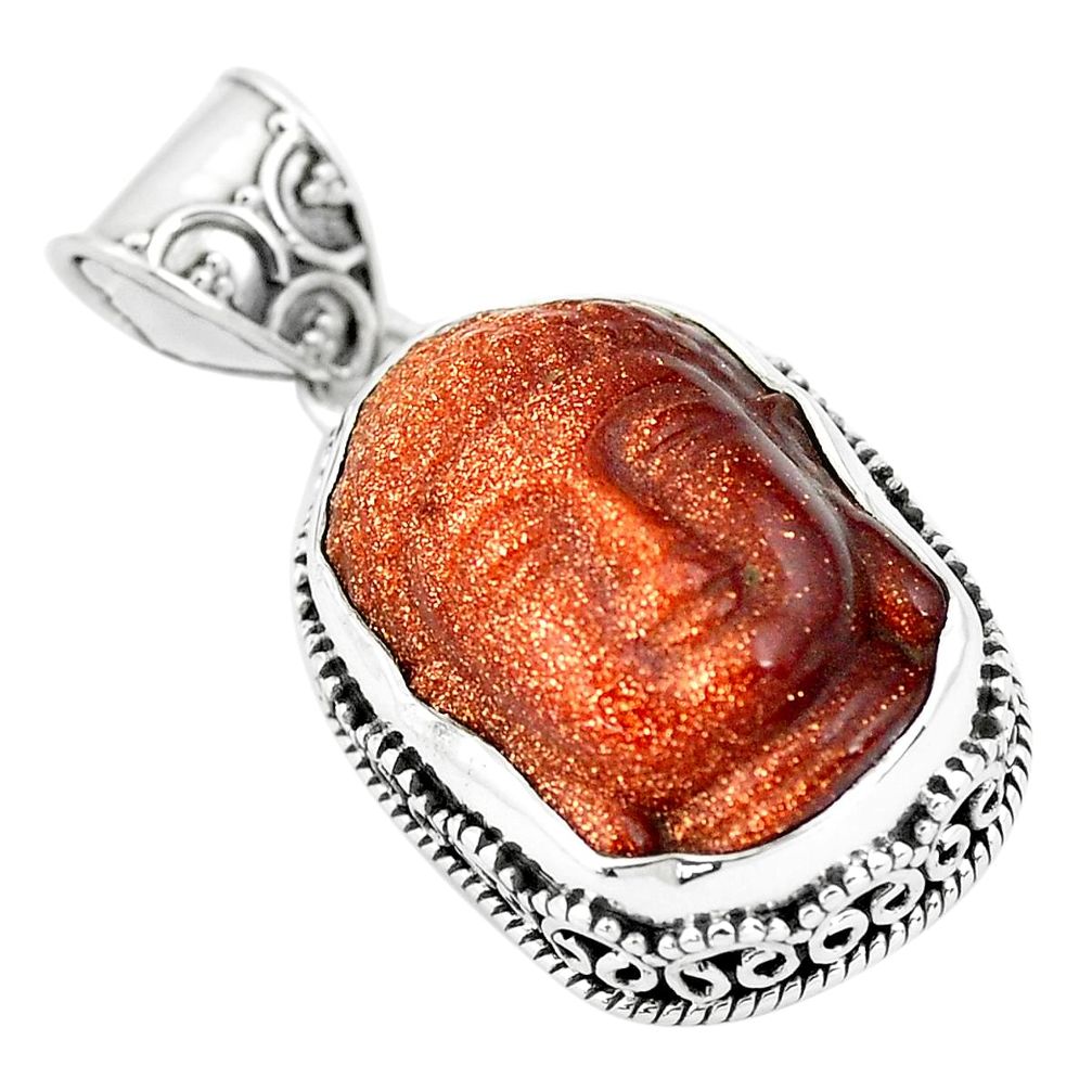 17.43cts natural goldstone 925 sterling silver buddha carving pendant p77331