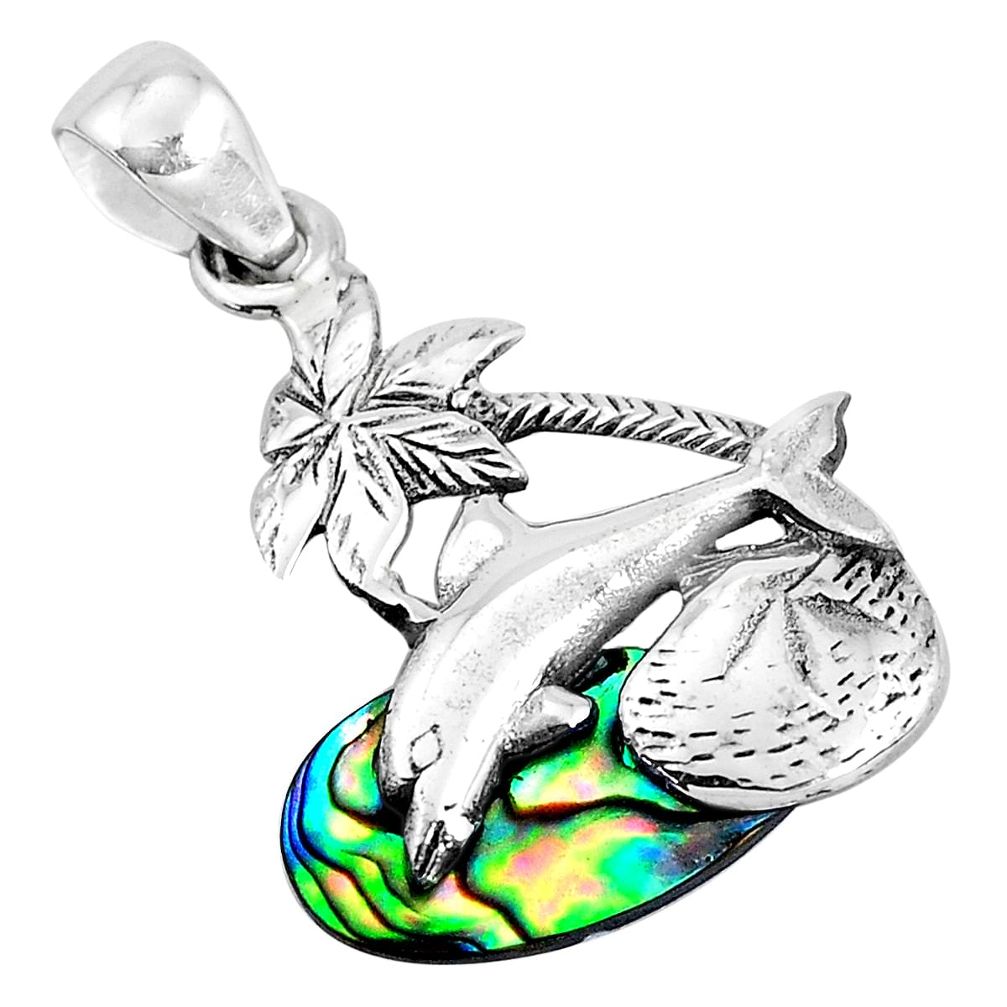 3.72cts natural green abalone paua seashell 925 silver dolphin pendant d31198