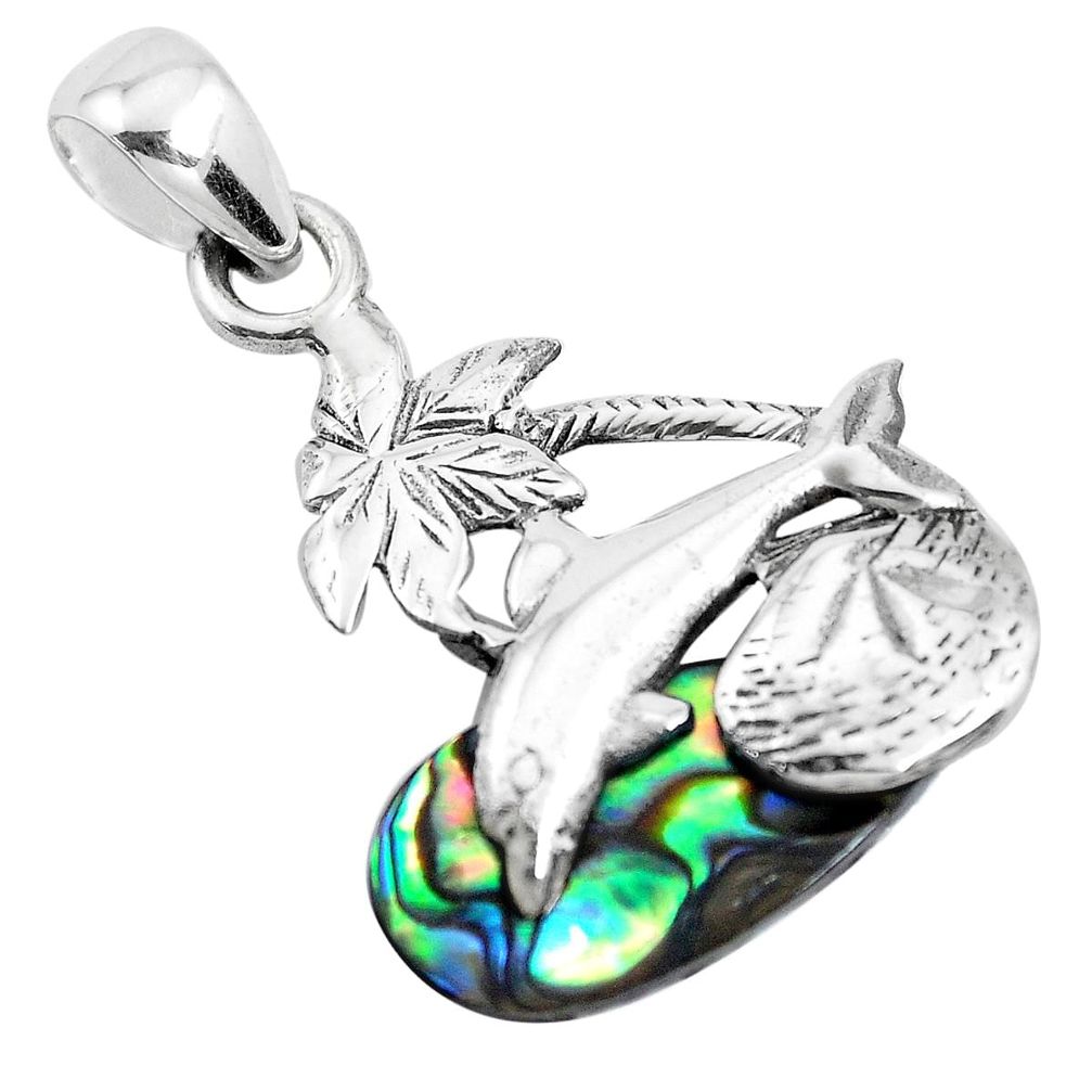 5.08cts natural green abalone paua seashell 925 silver dolphin pendant p41898