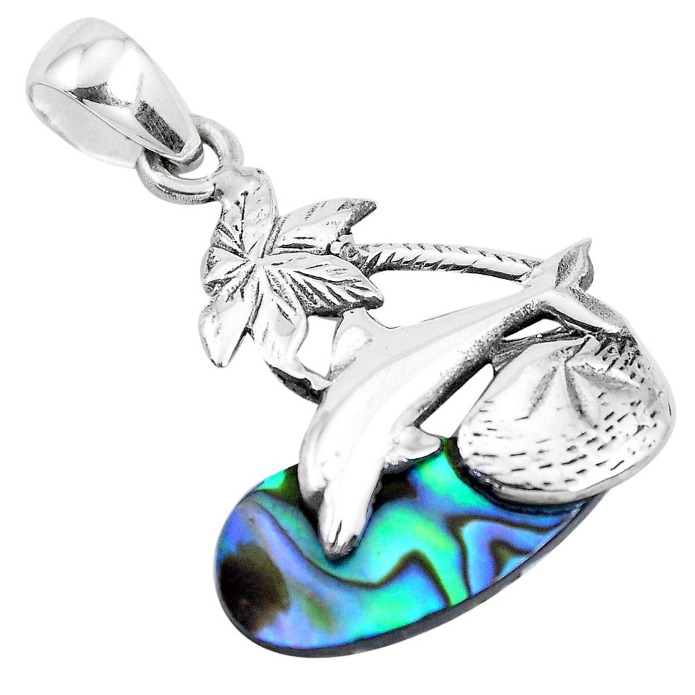 5.51cts natural green abalone paua seashell 925 silver dolphin pendant p41899