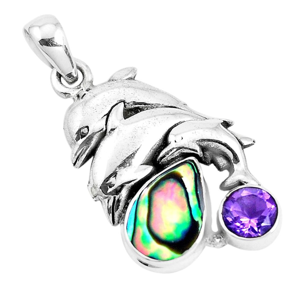 5.52cts natural green abalone paua seashell 925 silver dolphin pendant p42041