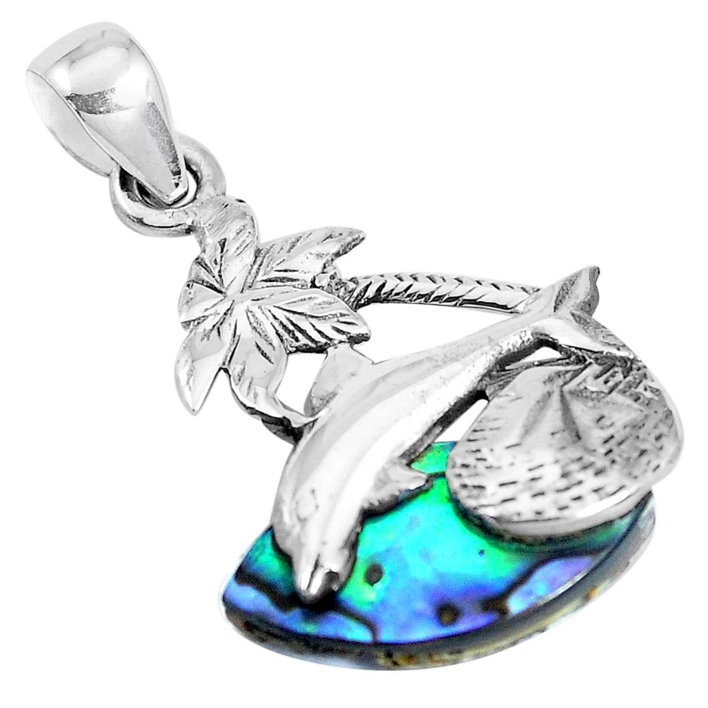 4.53cts natural green abalone paua seashell 925 silver dolphin pendant p45165