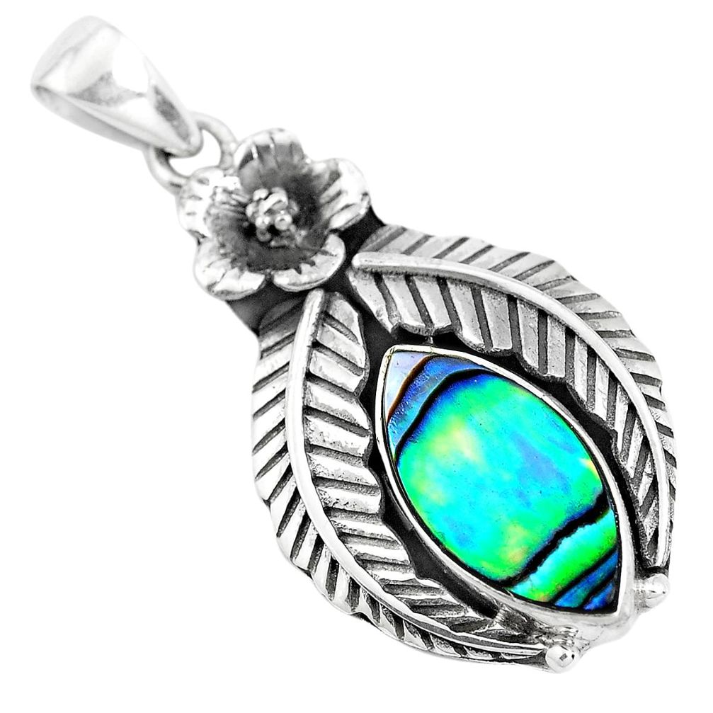 7.62cts natural green abalone paua seashell 925 silver flower pendant p42023