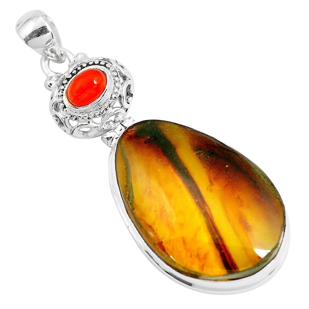 22.59cts natural green amber from colombia cornelian 925 silver pendant p46861