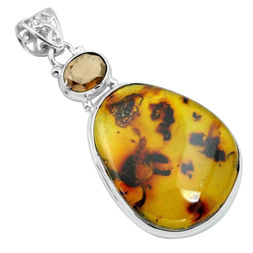 20.86cts natural green amber from colombia smoky topaz 925 silver pendant p66108