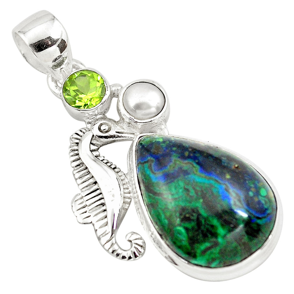 16.44cts natural green azurite malachite 925 silver seahorse pendant p79325