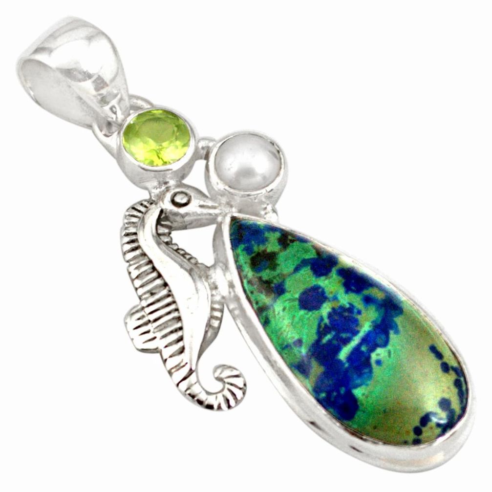 16.73cts natural green azurite malachite 925 silver seahorse pendant p79361