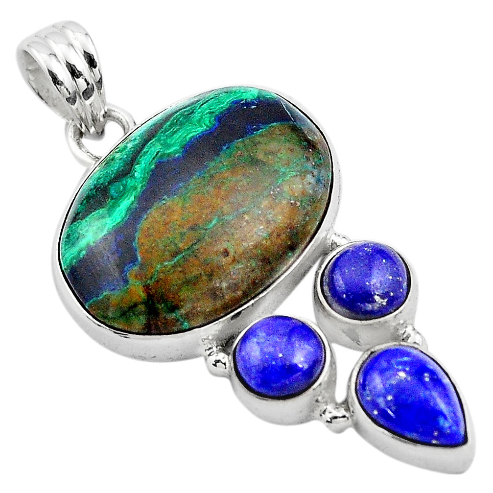 22.59cts natural green azurite malachite lapis lazuli 925 silver pendant p84551