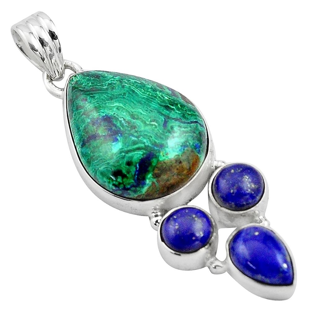 22.03cts natural green azurite malachite lapis lazuli 925 silver pendant p84553