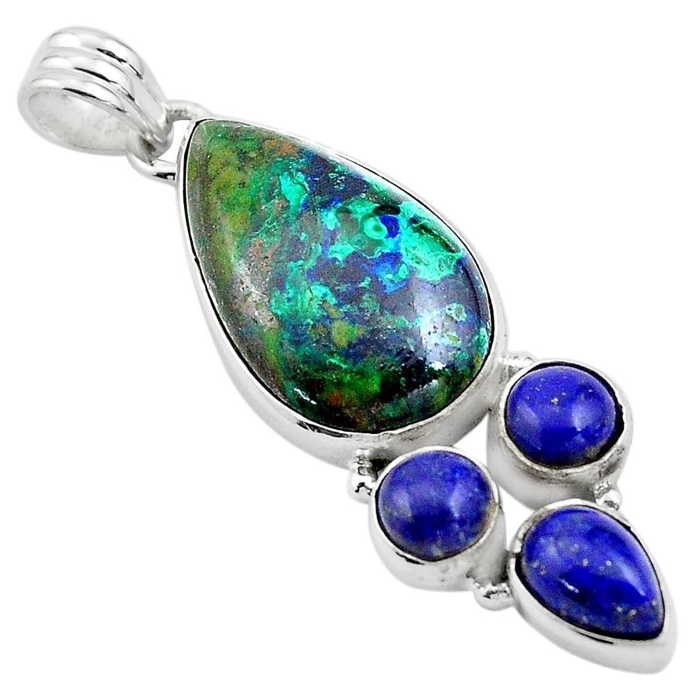 22.59cts natural green azurite malachite lapis lazuli 925 silver pendant p84565