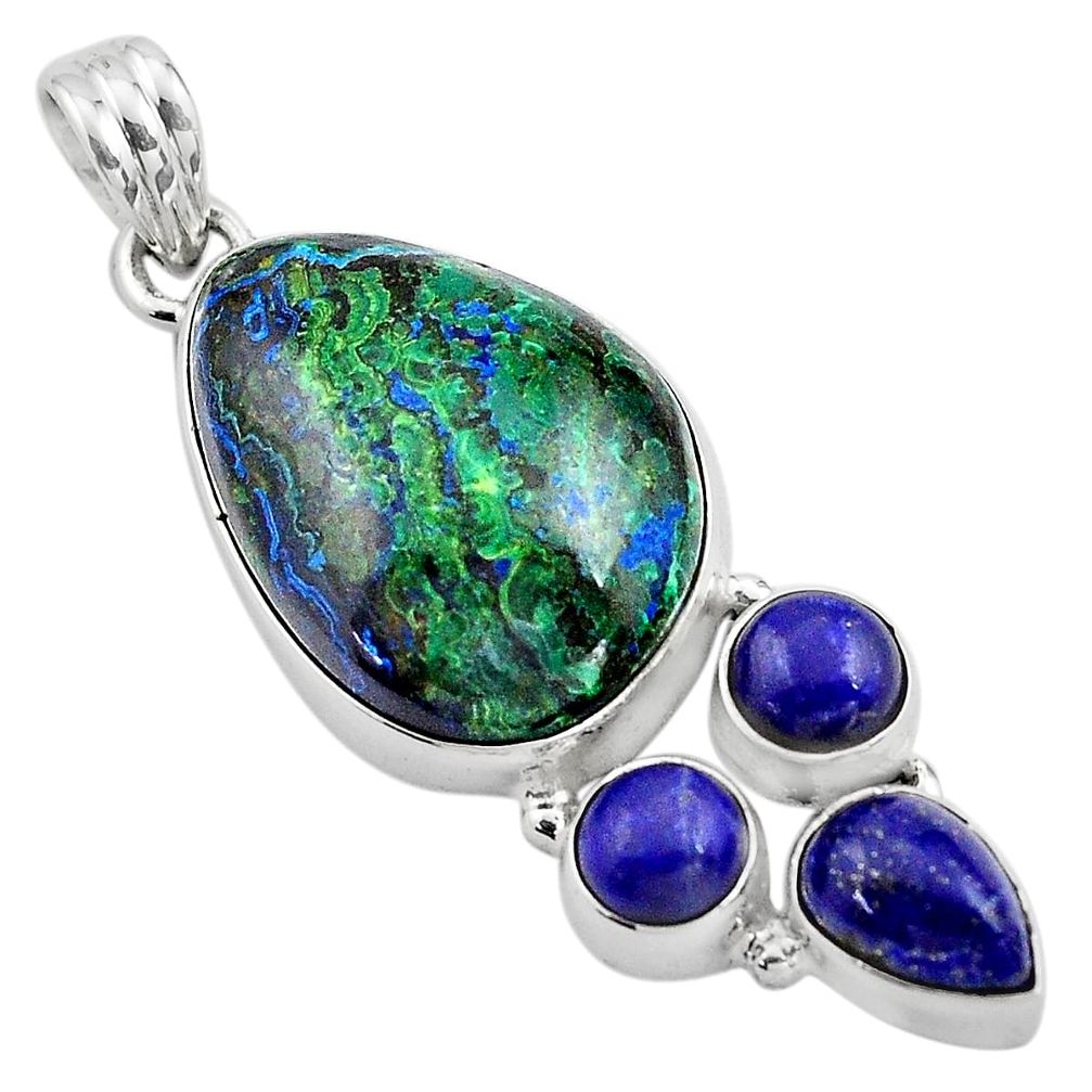 24.38cts natural green azurite malachite lapis lazuli 925 silver pendant p84566