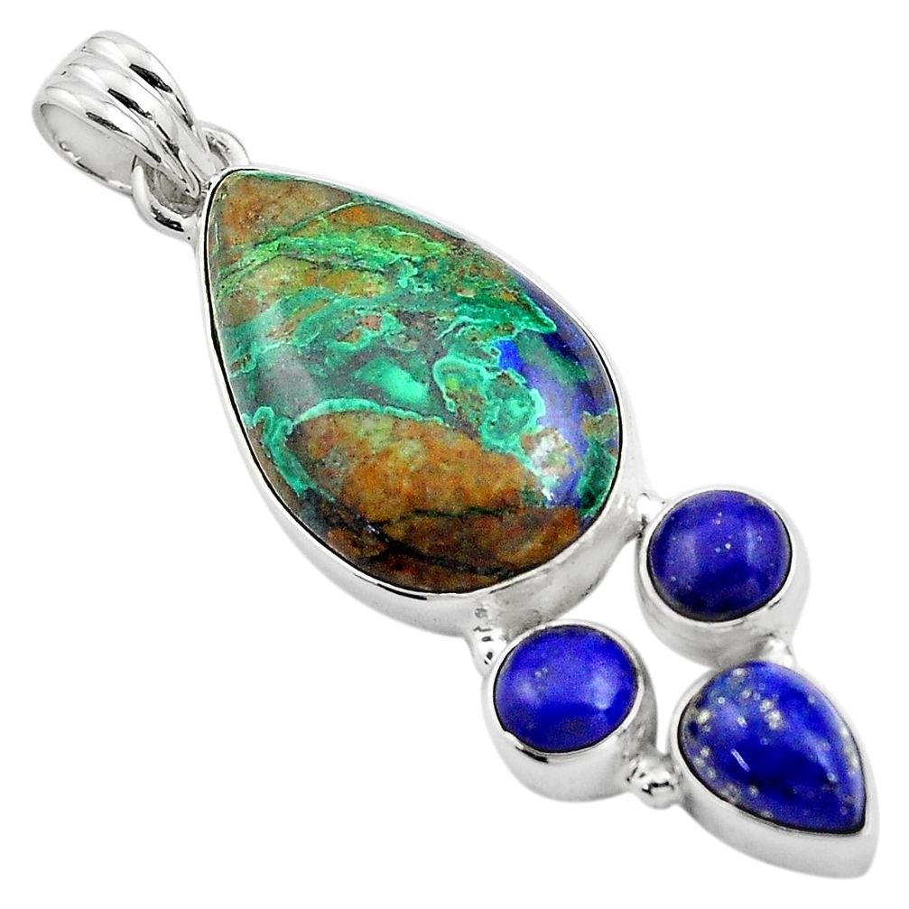 22.41cts natural green azurite malachite lapis lazuli 925 silver pendant p84568