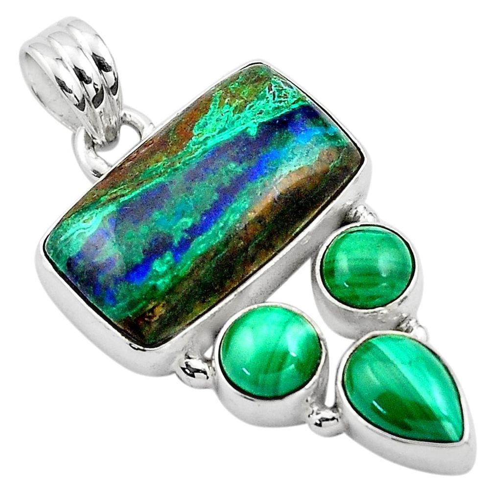 21.72cts natural green azurite malachite malachite 925 silver pendant p84526