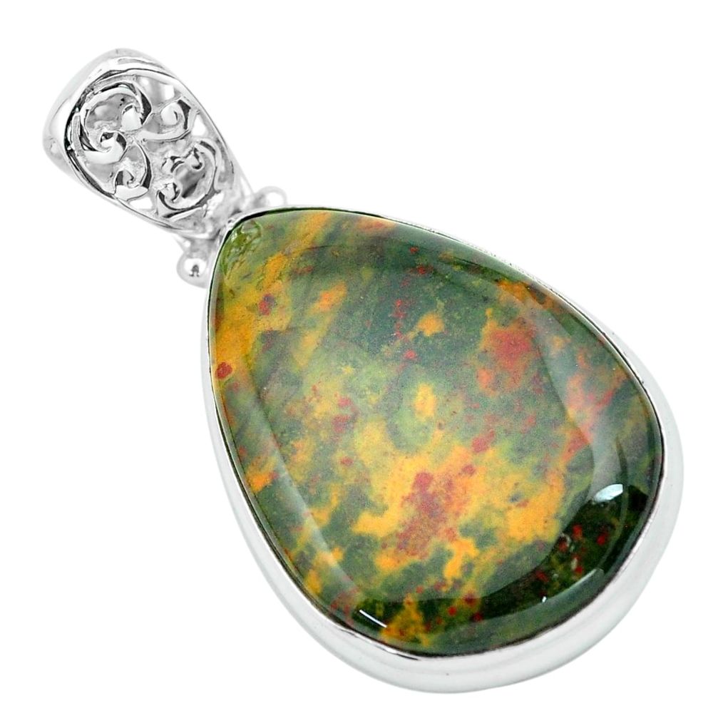 26.16cts natural green bloodstone african (heliotrope) 925 silver pendant p66343