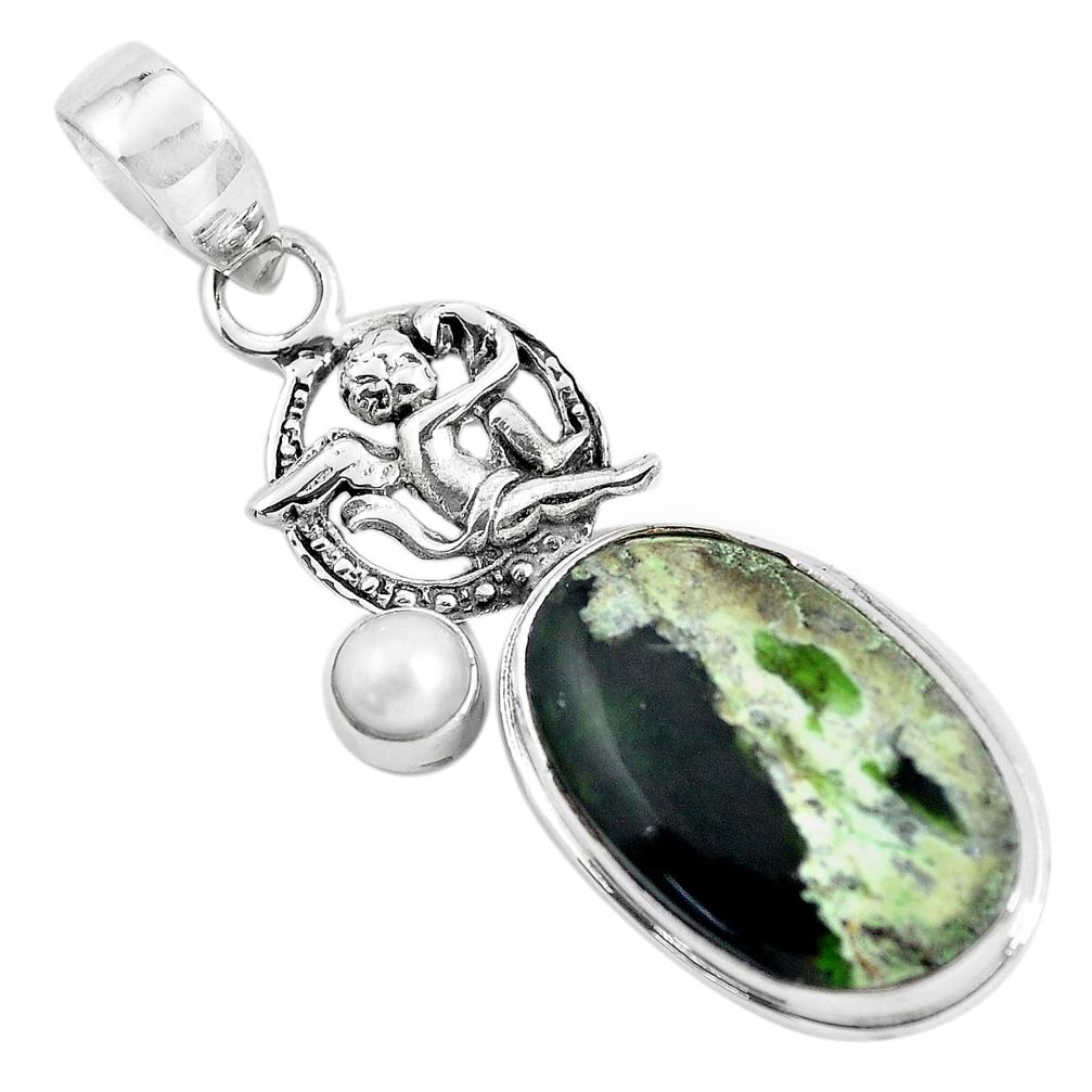 15.16cts natural green chrome chalcedony silver cupid angel wings pendant p55294