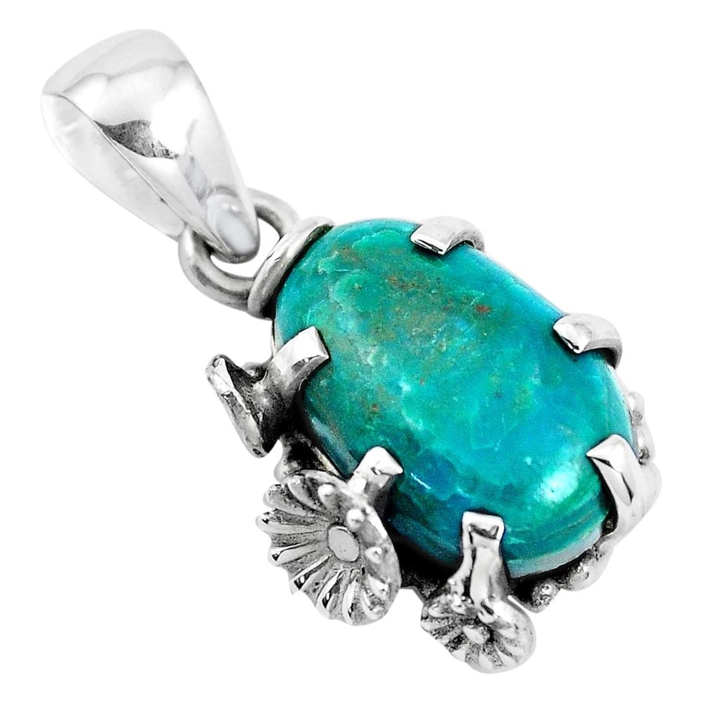 5.87cts natural green chrysocolla 925 sterling silver flower pendant p41887