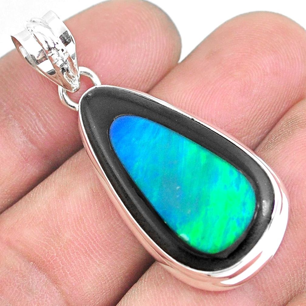 20.96cts natural green doublet opal in onyx 925 sterling silver pendant p53615