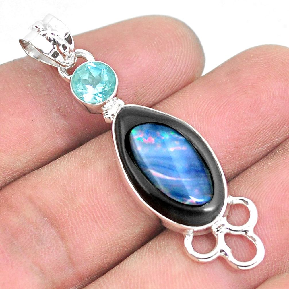 14.23cts natural green doublet opal in onyx topaz 925 silver pendant p53714