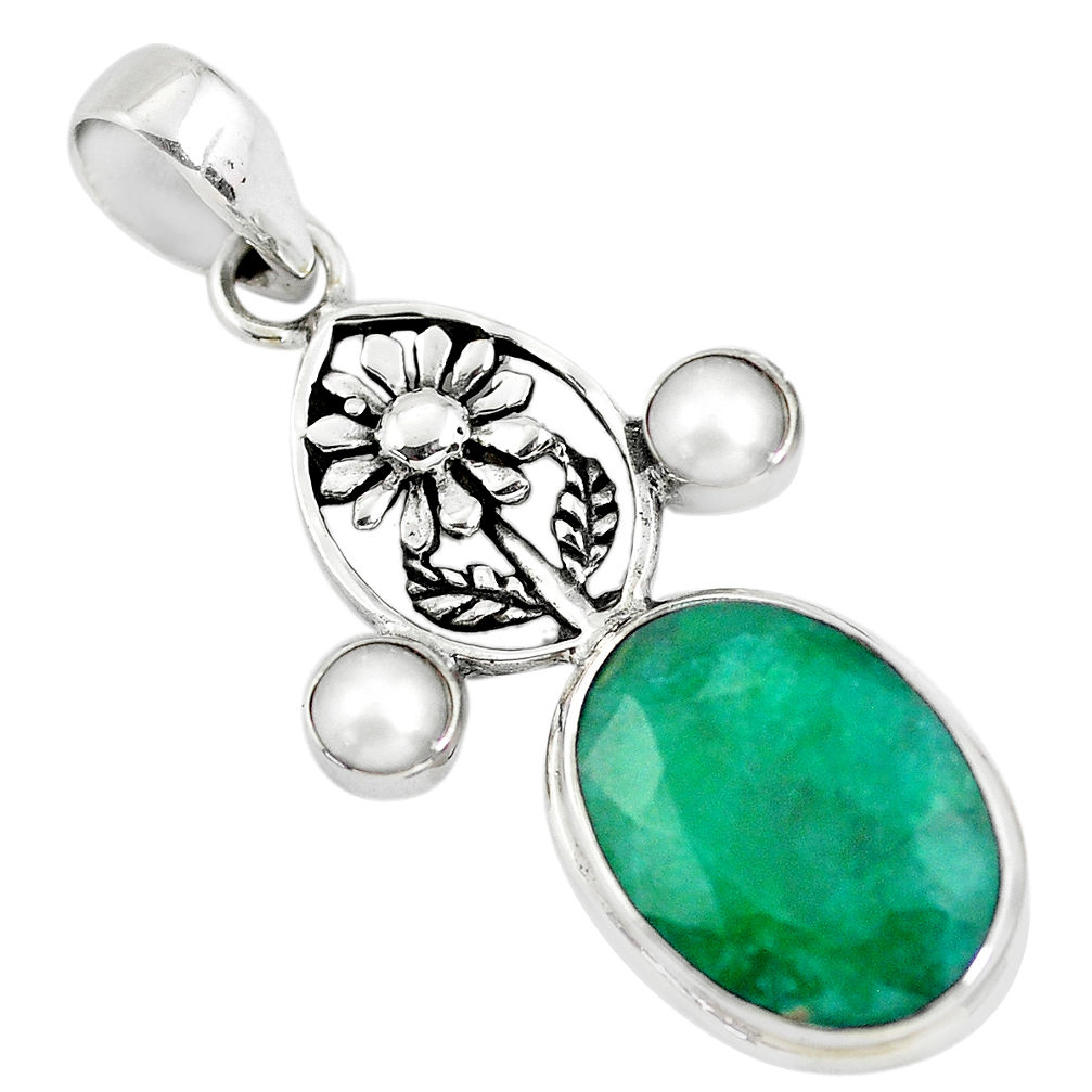 14.99cts natural green emerald pearl 925 sterling silver flower pendant p56781