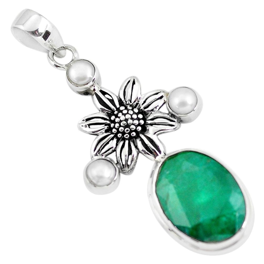 15.69cts natural green emerald pearl 925 sterling silver flower pendant p56790