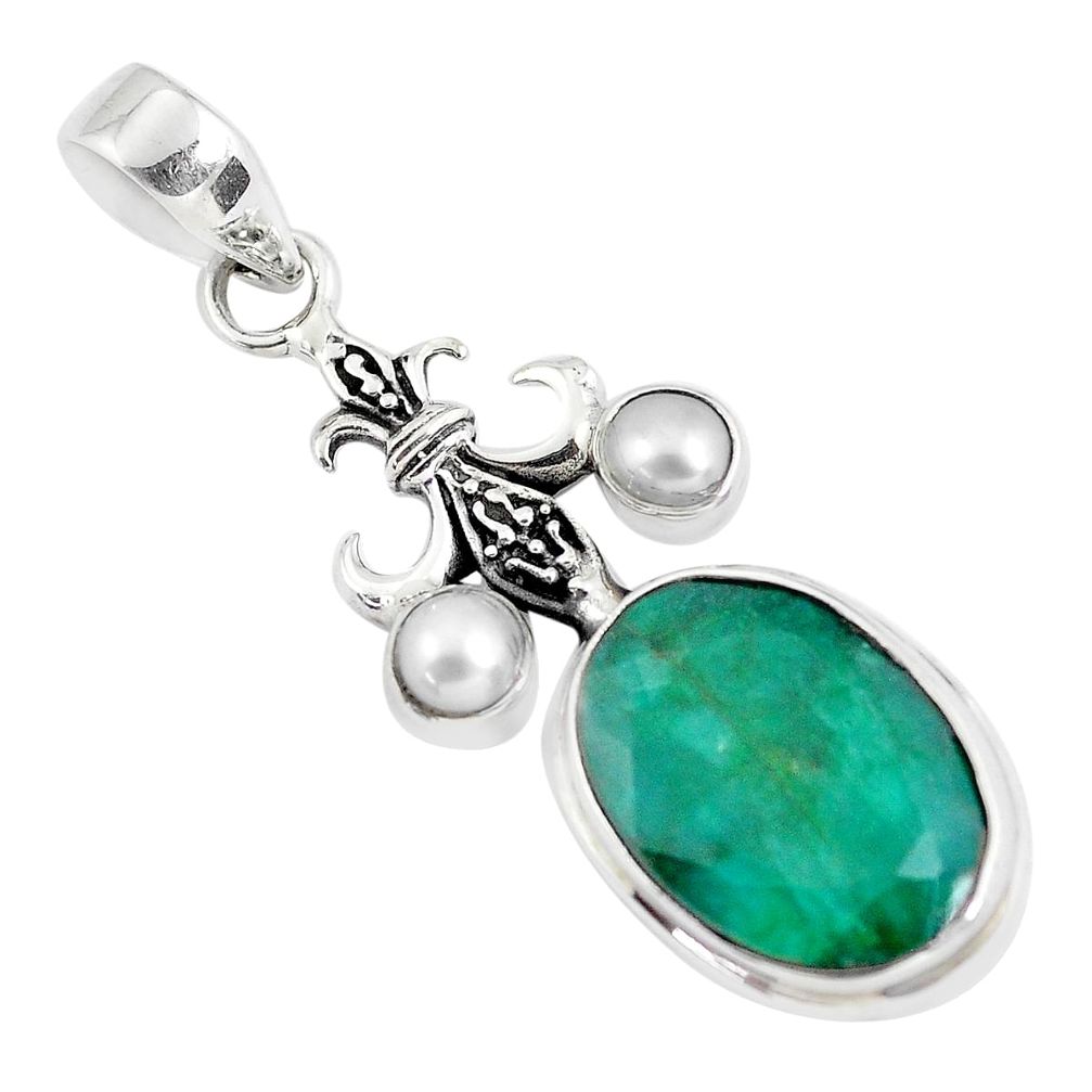 14.21cts natural green emerald pearl 925 sterling silver pendant jewelry p56798
