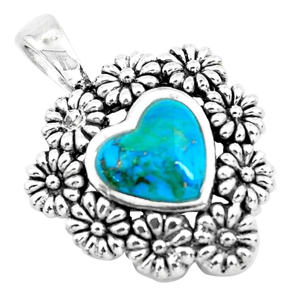 4.82cts natural green kingman turquoise 925 sterling silver flower pendant c1713